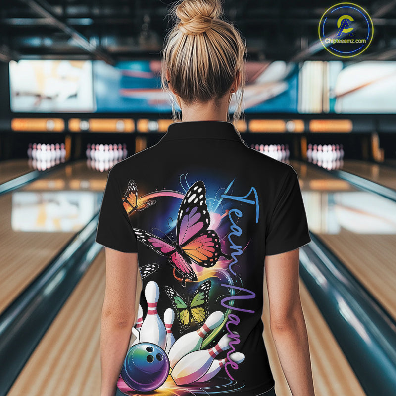 Custom Colorful Butterfly Bowling Women Quarter-Zip Shirt With Team Name, Bowling Uniform IPHW9013