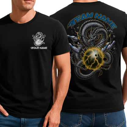 Custom Blue And Yellow Lightning Dragon Bowling T-Shirts For Men, Bold Team Outfit IPHW9061