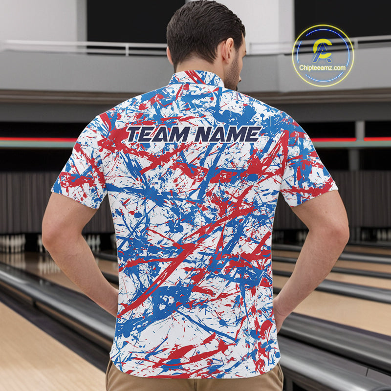 Custom Red, White And Blue Splatter Patriotic Bowling Quarter-Zip Team Shirts For Men IPHW9263