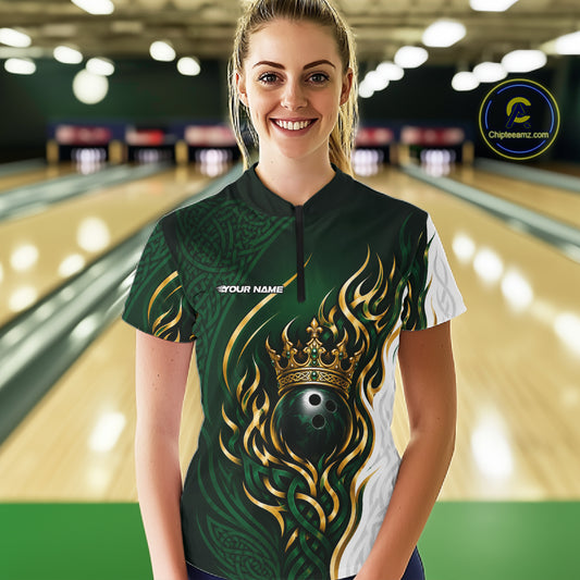 Custom Green Irish Tribal Pattern Bowling Ball With Crown Women Quarter-Zip Team Shirt IPHW11697