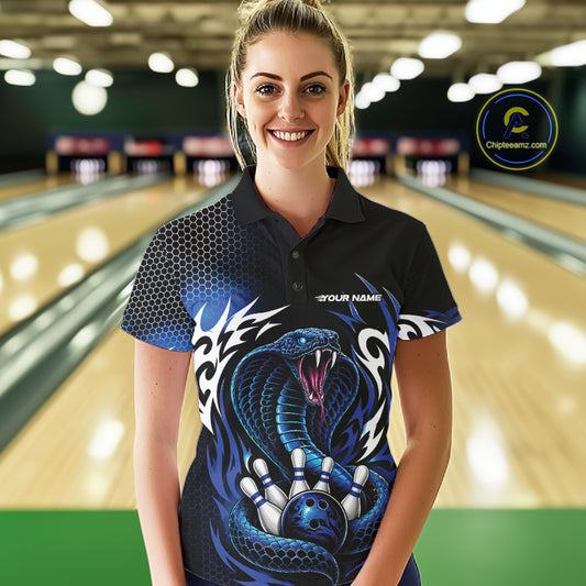 Custom Black And Blue Tribal Cobra Snake Bowling Jerseys Bowling Women Polo Shirt IPHW11711