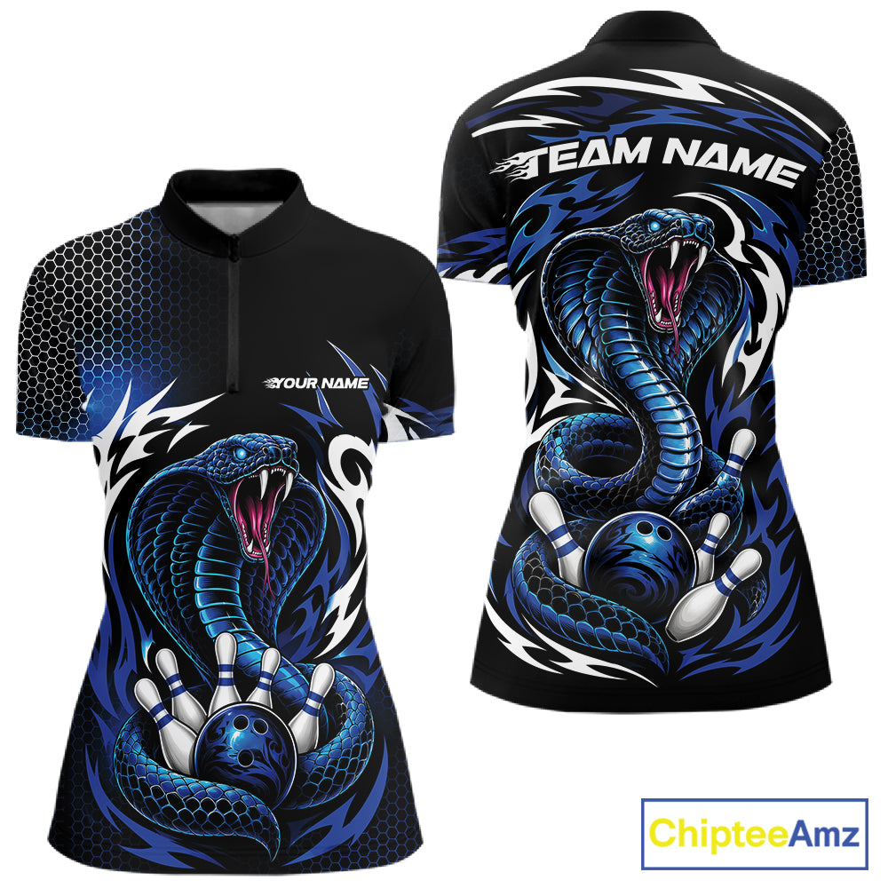 Custom Black And Blue Tribal Cobra Snake Bowling Jerseys Bowling Women Quarter-Zip Shirt IPHW11711