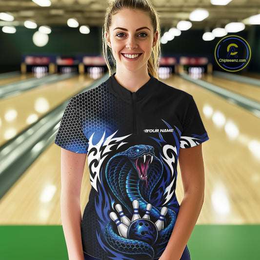 Custom Black And Blue Tribal Cobra Snake Bowling Jerseys Bowling Women Quarter-Zip Shirt IPHW11711