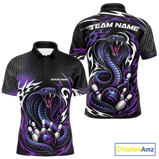 Custom Black And Purple Tribal Cobra Snake Bowling Jerseys Bowling Men Polo Shirt IPHW11712