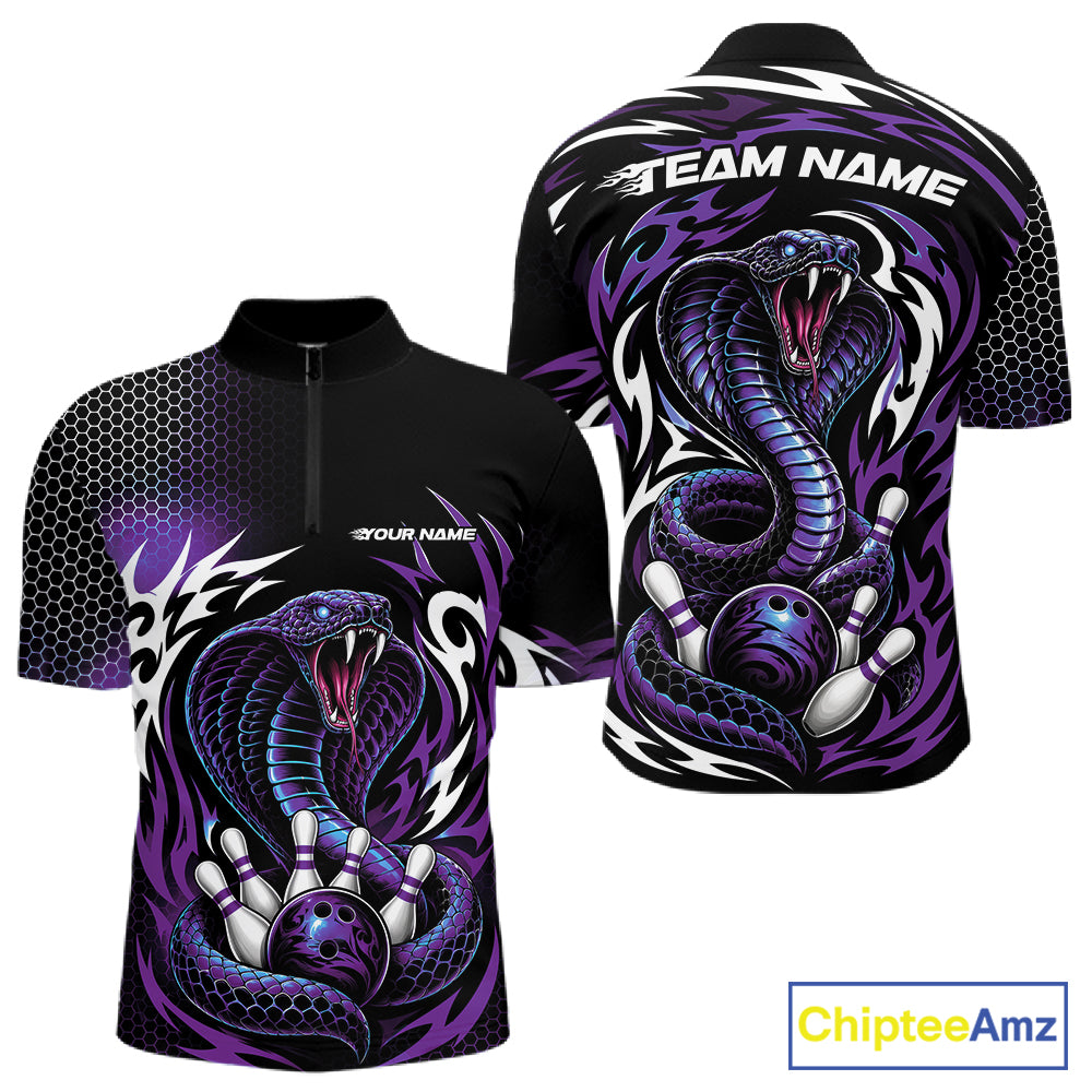 Custom Black And Purple Tribal Cobra Snake Bowling Jerseys Bowling Men Quarter Zip Shirt IPHW11712