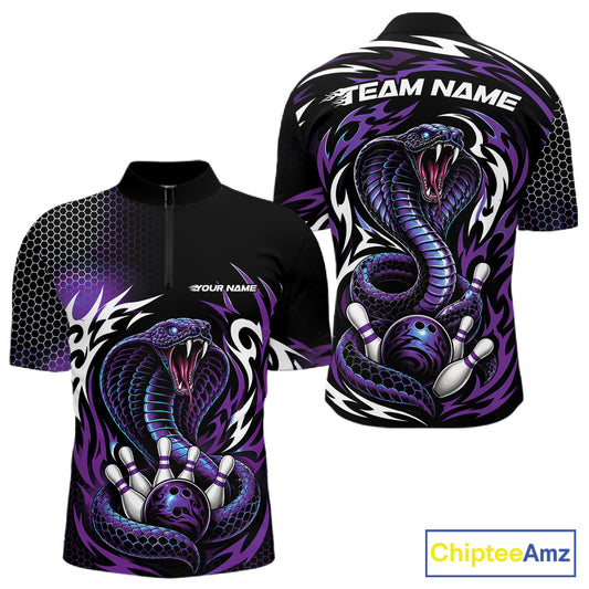 Custom Black And Purple Tribal Cobra Snake Bowling Jerseys Bowling Men Quarter Zip Shirt IPHW11712