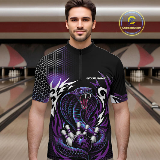 Custom Black And Purple Tribal Cobra Snake Bowling Jerseys Bowling Men Quarter Zip Shirt IPHW11712