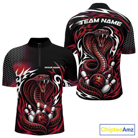 Custom Black And Red Tribal Cobra Snake Bowling Jerseys Bowling Men Quarter Zip Shirt IPHW11713
