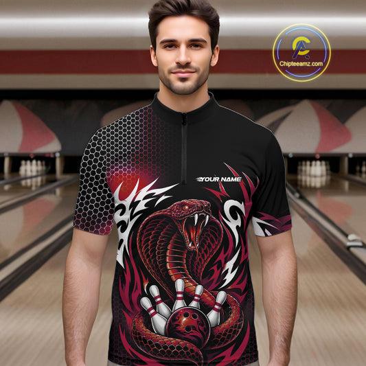 Custom Black And Red Tribal Cobra Snake Bowling Jerseys Bowling Men Quarter Zip Shirt IPHW11713
