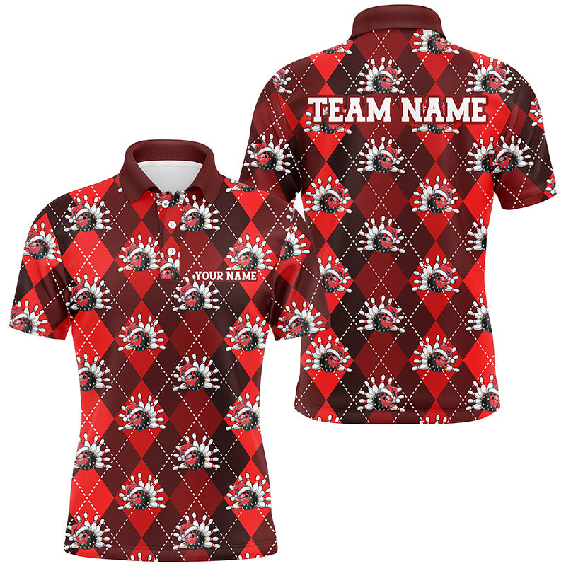 Red Argyle Pattern Custom Christmas Bowling Shirts For Men, Team Bowling Uniform Xmas Outfit IPHW7330