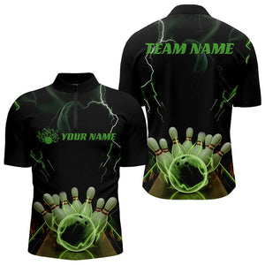 Black And Green Thunder Lightning Custom Bowling Quarter-Zip Shirts For Men, Bowling Team Uniform IPHW8062