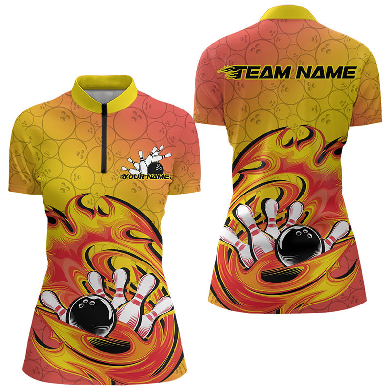 Custom Flame Bowling Quarter-Zip Shirts For Women, Bowling Team Shirt Bowler Uniform IPHW8068