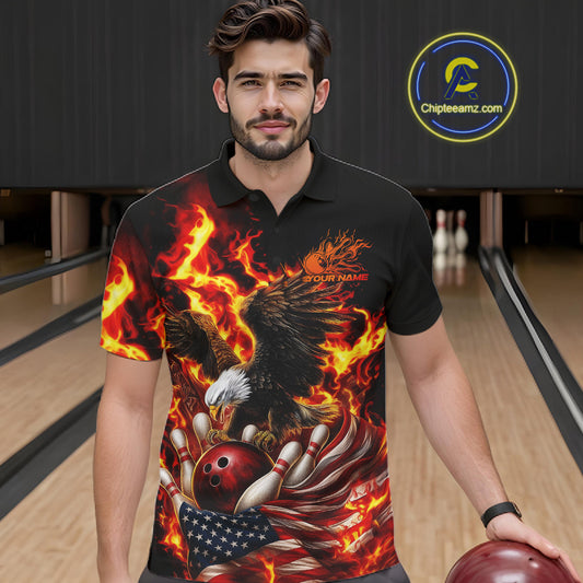 Custom Patriotic Fire Flame Eagle Men Bowling Team Shirt, Firefighter Bowling Shirt IPHW10201