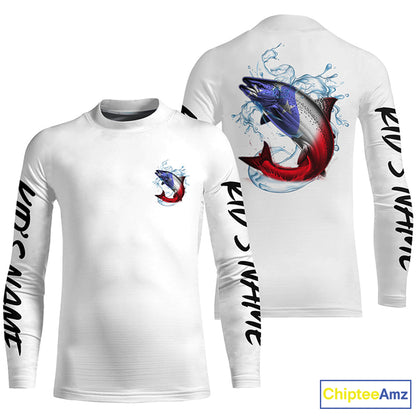 Personalized American Flag Chinook Salmon Fishing Shirts, Patriotic Salmon Long Sleeve Fishing Shirt IPHW6273