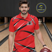 Load image into Gallery viewer, Front view of a male bowler in a bowling alley wearing a red, black, and white bowling polo shirt with an athletic jersey pattern
