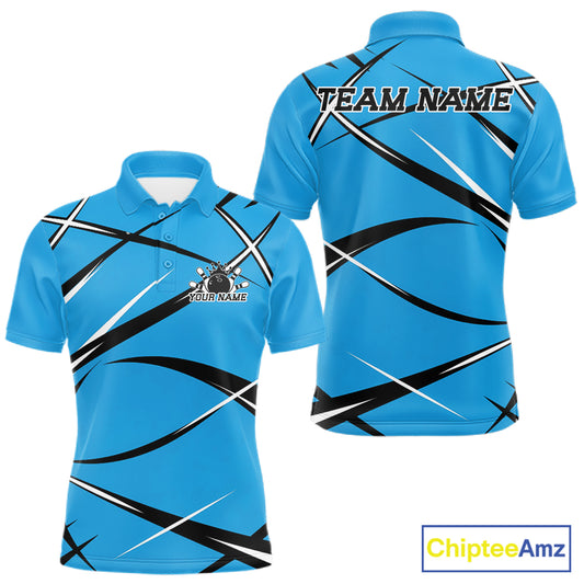 Men's bowling polo shirt mockup with front and back views, personalized name, and blue, black, and white jersey graphics
