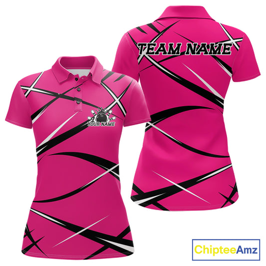 Front and back view of a women s bowling polo shirt mockup with a pink, black, and white sporty jersey inspired design
