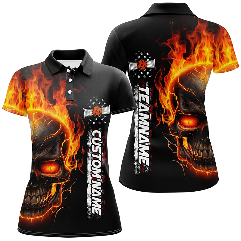 Flame Skull American Flag Custom Team Pickleball Shirts For Women, Patriotic Pickleball Jerseys IPHW5190