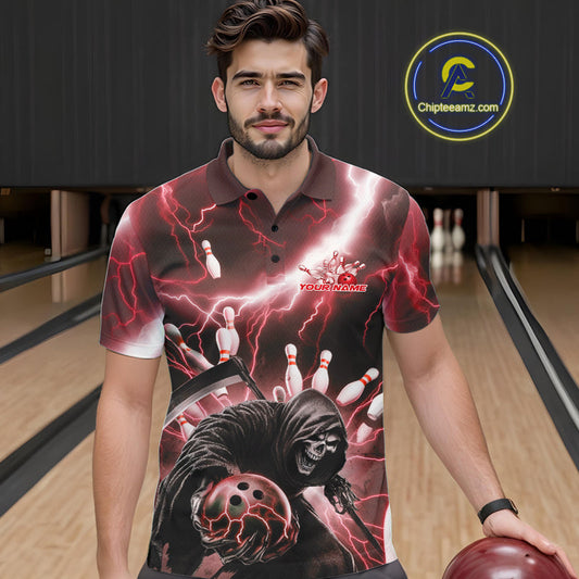 Custom Red Thunder Lightning Grim Reaper Bowling Men Polo Shirt, Halloween Bowling Outfit IPHW9798