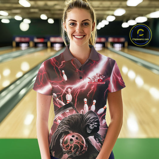 Custom Red Thunder Lightning Grim Reaper Bowling Women Polo Shirt, Halloween Outfit IPHW9798