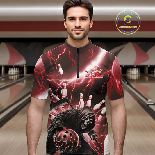Custom Red Thunder Lightning Grim Reaper Bowling Men Quarter-Zip Shirt, Halloween Bowling Outfit IPHW9798