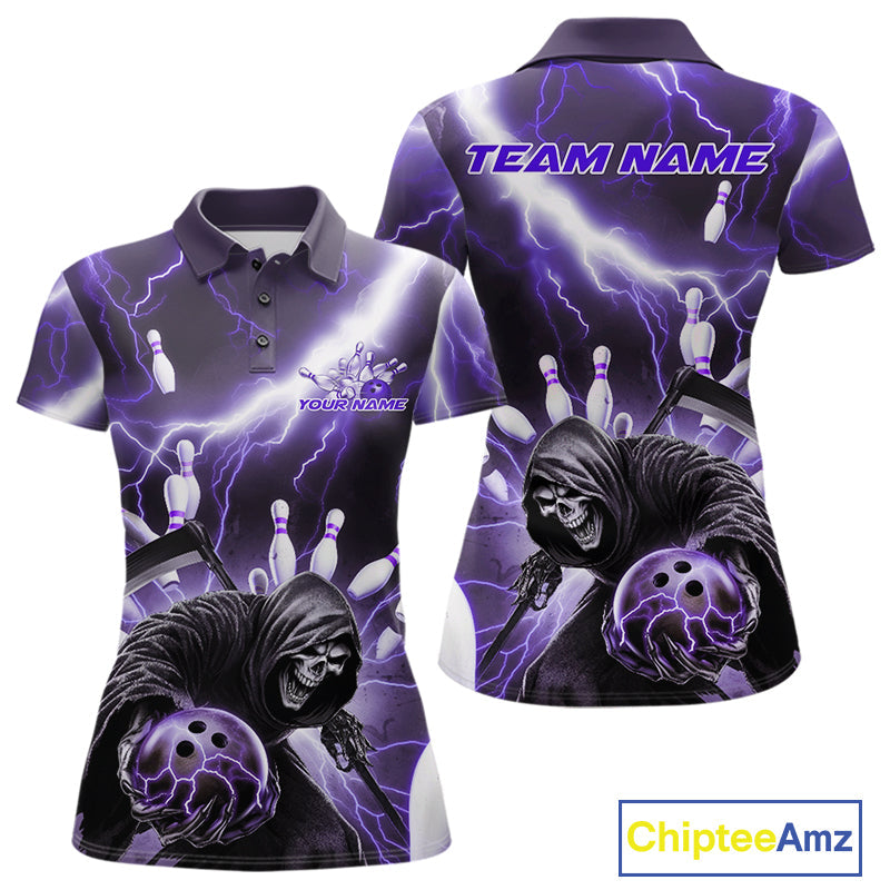 Custom Purple Thunder Lightning Grim Reaper Bowling Women Polo Shirt, Halloween Outfit IPHW9799