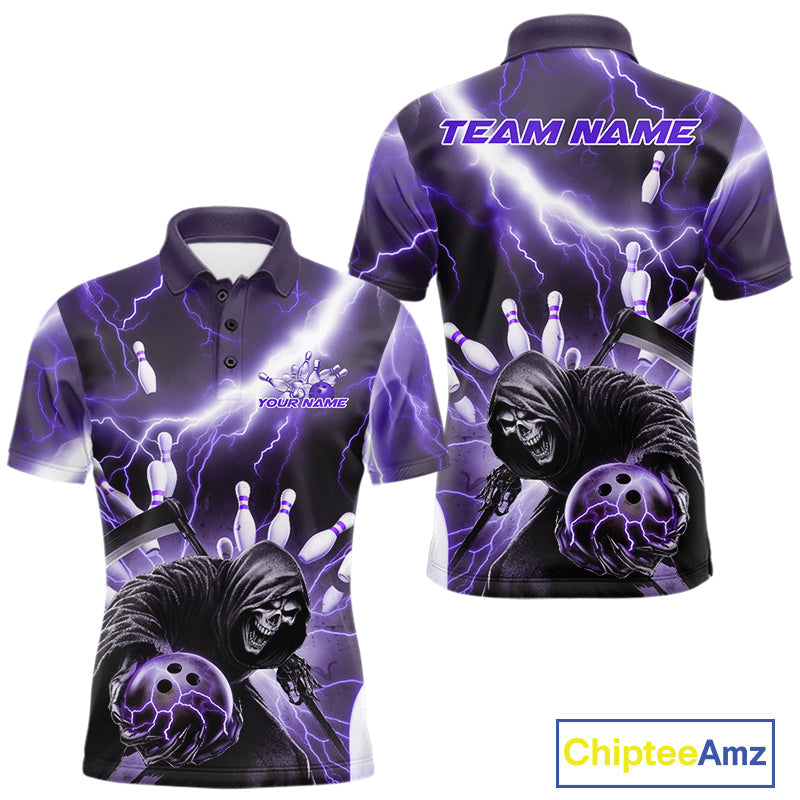 Custom Purple Thunder Lightning Grim Reaper Bowling Men Polo Shirt, Halloween Bowling Outfit IPHW9799
