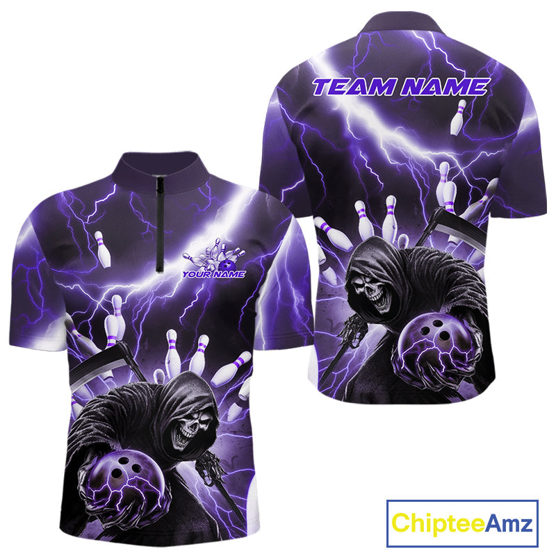 Custom Purple Thunder Lightning Grim Reaper Bowling Men Quarter-Zip Shirt, Halloween Outfit IPHW9799