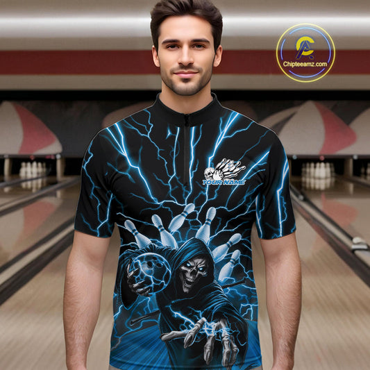 Custom Black And Blue Lightning Grim Reaper Bowling Men Quarter-Zip Shirt, Halloween Outfit IPHW9804