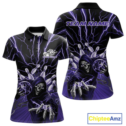Custom Black And Purple Lightning Grim Reaper Bowling Women Polo Shirt, Halloween Outfit IPHW9805