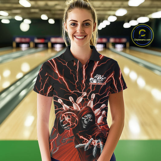 Custom Black And Red Lightning Grim Reaper Bowling Women Polo Shirt, Halloween Outfit IPHW9806