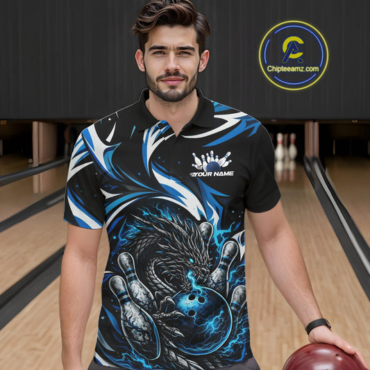 Custom Blue Lightning Dragon Bowling Men Polo Shirts, Dragon Bowling League Shirt IPHW10355