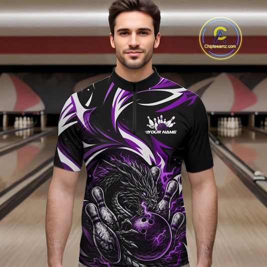 Custom Purple Lightning Dragon Bowling Men Quarter-Zip Shirts, Dragon Bowling League Shirt IPHW10358