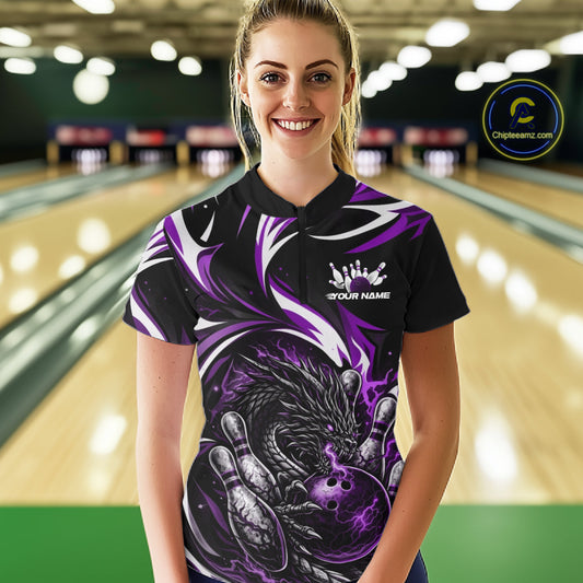 Custom Purple Lightning Dragon Bowling Women Quarter-Zip Shirts, Bowling League Shirt IPHW10358