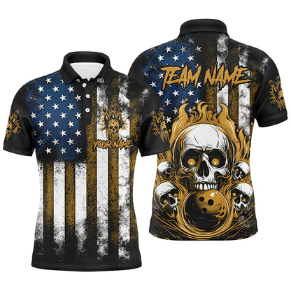 American Flag Flame Skull Custom Bowling Team Shirts, Patriotic Bowling Jerseys IPHW5856
