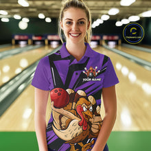 Load image into Gallery viewer, Custom Funny Turkey Bowling Shirts For Women, Purple Thanksgiving Bowling Shirt Team Uniform IPHW10679