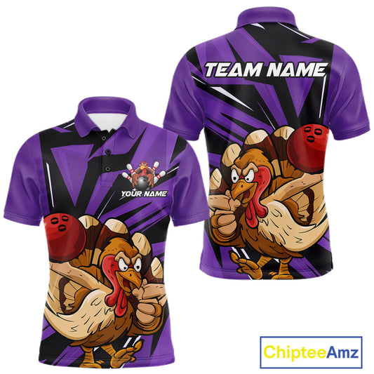 Custom Funny Turkey Bowling Shirts For Men, Purple Thanksgiving Bowling Shirt Team Uniform IPHW10679