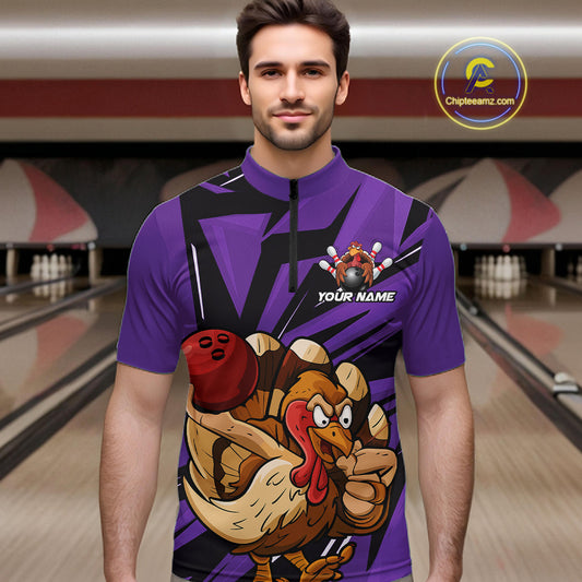 Custom Funny Turkey Bowling Shirts For Men, Purple Thanksgiving Bowling Shirt Team Uniform IPHW10679