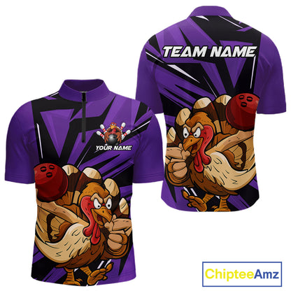 Custom Funny Turkey Bowling Shirts For Men, Purple Thanksgiving Bowling Shirt Team Uniform IPHW10679
