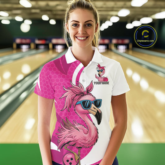 Custom Funny Hot Pink Flamingo Bowling Women Polo Shirt, Bowling League Bowlers Outfit IPHW10680