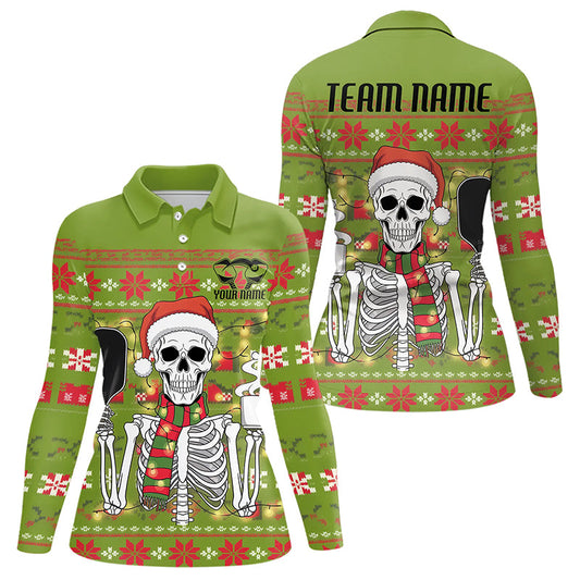 Funny Custom Ugly Sweater Pattern Skull Christmas Ladies Pickleball Long Sleeve Polo Shirts IPHW8086