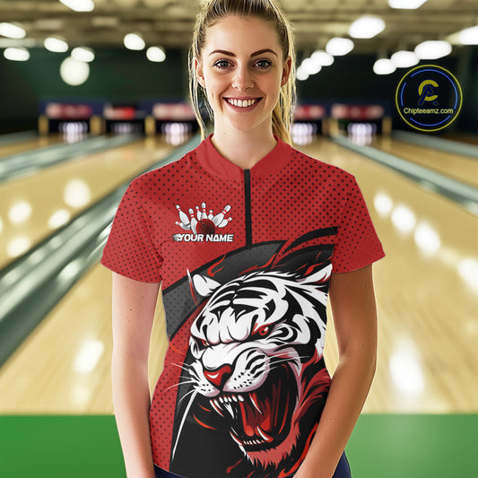 Custom Black And Red Tiger Bowling Team Quarter-Zip Shirt For Women, Bowling League Shirt IPHW9019