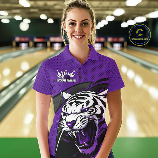 Custom Black And Purple Tiger Bowling Team Polo Shirts For Women, Bowling League Shirt IPHW9020