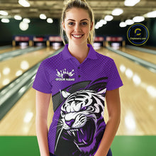 Load image into Gallery viewer, Custom Black And Purple Tiger Bowling Team Polo Shirts For Women, Bowling League Shirt IPHW9020