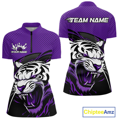 Custom Black And Purple Tiger Bowling Team Women Quarter-Zip Shirts, Bowling League Shirt IPHW9020