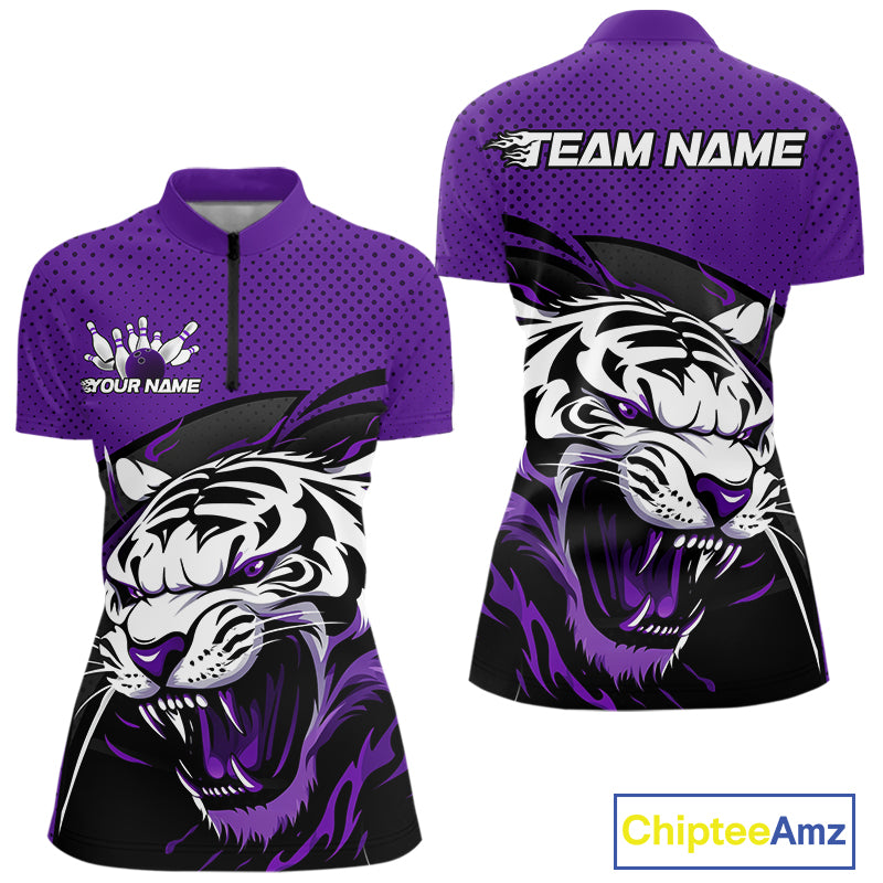 Custom Black And Purple Tiger Bowling Team Women Quarter-Zip Shirts, Bowling League Shirt IPHW9020