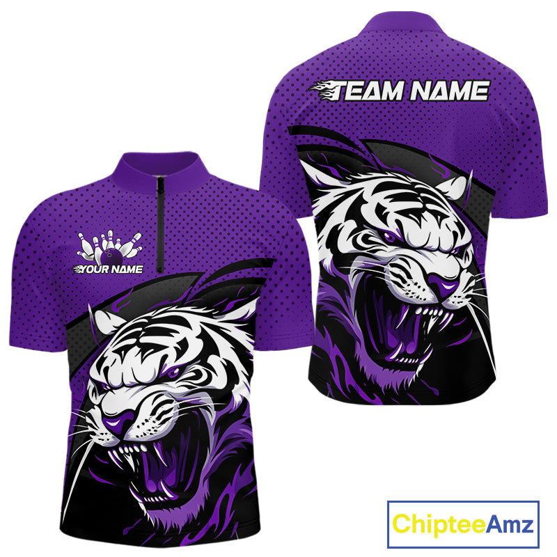 Custom Black And Purple Tiger Bowling Team Quarter-Zip Shirts For Men, Bowling League Shirt IPHW9020