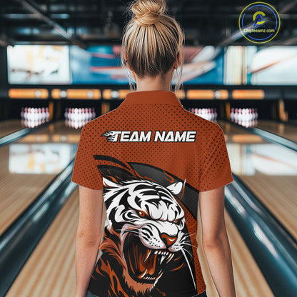 Custom Black And Orange Tiger Bowling Team Women Quarter-Zip Shirts, Bowling League Shirt IPHW9021