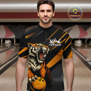 Personalized Tiger Bowling Team Men Quarter-Zip Shirts, Black And Yellow Tiger Bowling Jerseys IPHW9022