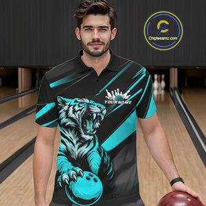 Personalized Tiger Bowling Team Men Polo Shirts, Black And Blue Tiger Bowling Jerseys IPHW9023